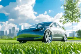 samochód elektryczny zaparkowany na trawie z panoramą miasta w tle